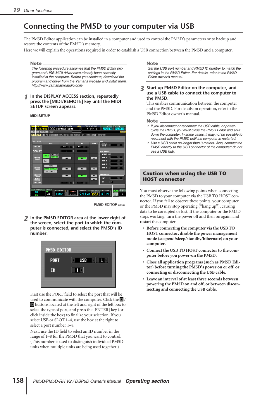 Connecting the pm5d to your computer via usb, Caution when using the usb to host connector | Yamaha DSP5D User Manual | Page 158 / 409