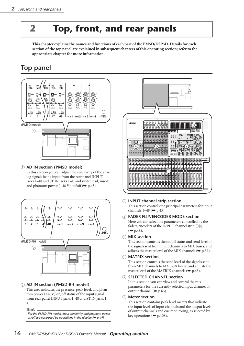 Top, front, and rear panels, Top panel, 2top, front, and rear panels | Yamaha DSP5D User Manual | Page 16 / 409