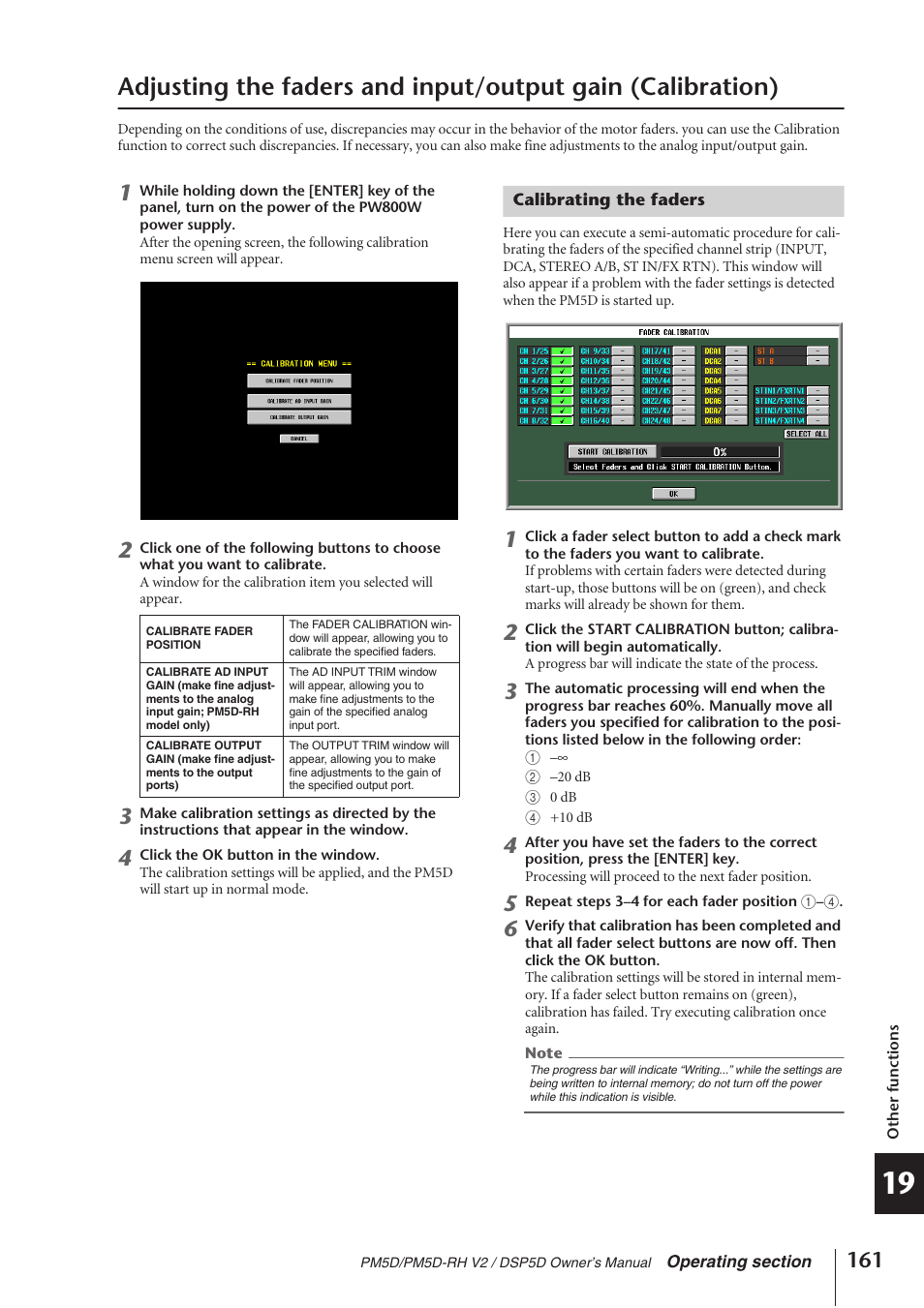 Calibrating the faders, Adjusting the faders and input/output gain, Calibration) | Yamaha DSP5D User Manual | Page 161 / 409