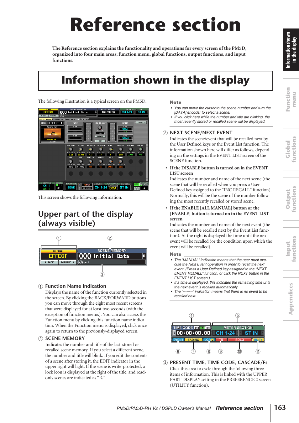 Reference section, Information shown in the display, Upper part of the display (always visible) | Table of contents — reference section | Yamaha DSP5D User Manual | Page 163 / 409