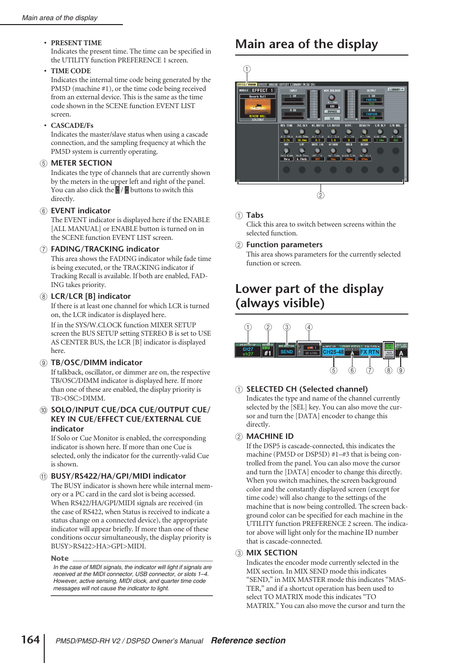 Main area of the display, Lower part of the display (always visible), P.164) | Yamaha DSP5D User Manual | Page 164 / 409