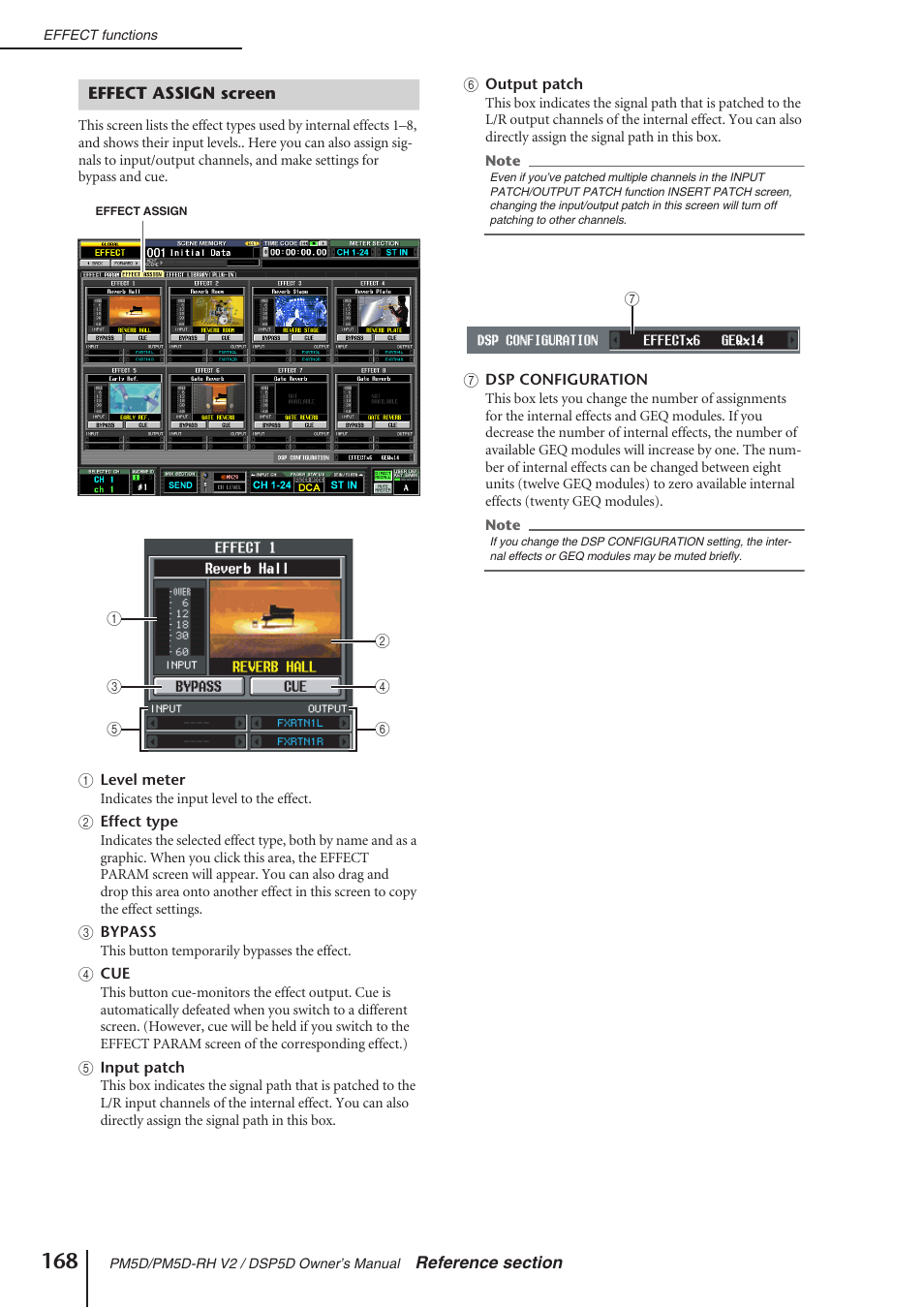 Effect assign screen, P.168, 173) | Yamaha DSP5D User Manual | Page 168 / 409
