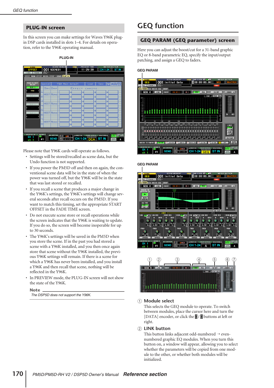 Plug-in screen, Geq function, Geq param (geq parameter) screen | P.170) | Yamaha DSP5D User Manual | Page 170 / 409
