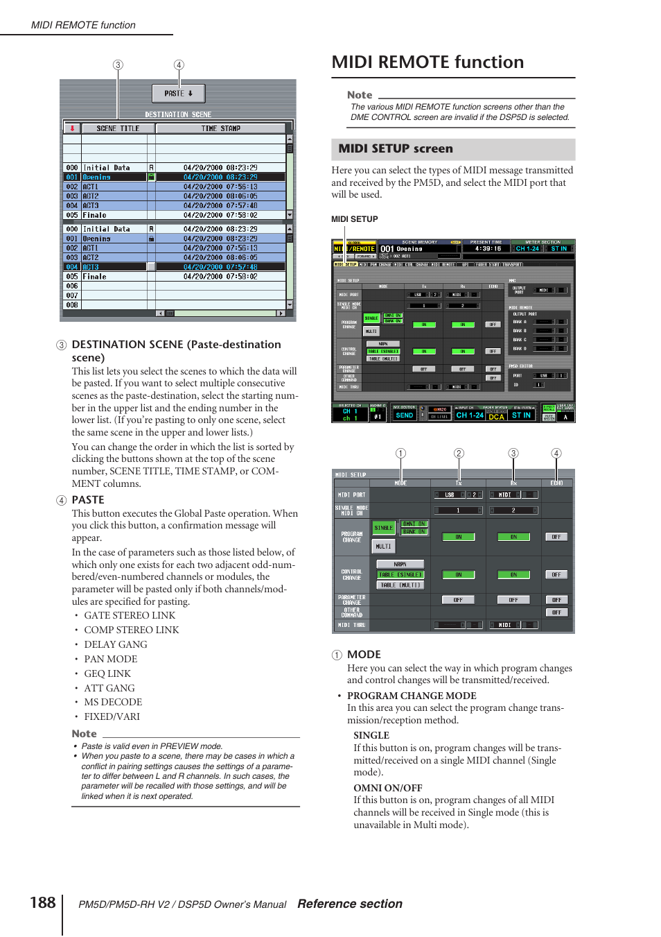 Midi remote function, Midi setup screen | Yamaha DSP5D User Manual | Page 188 / 409