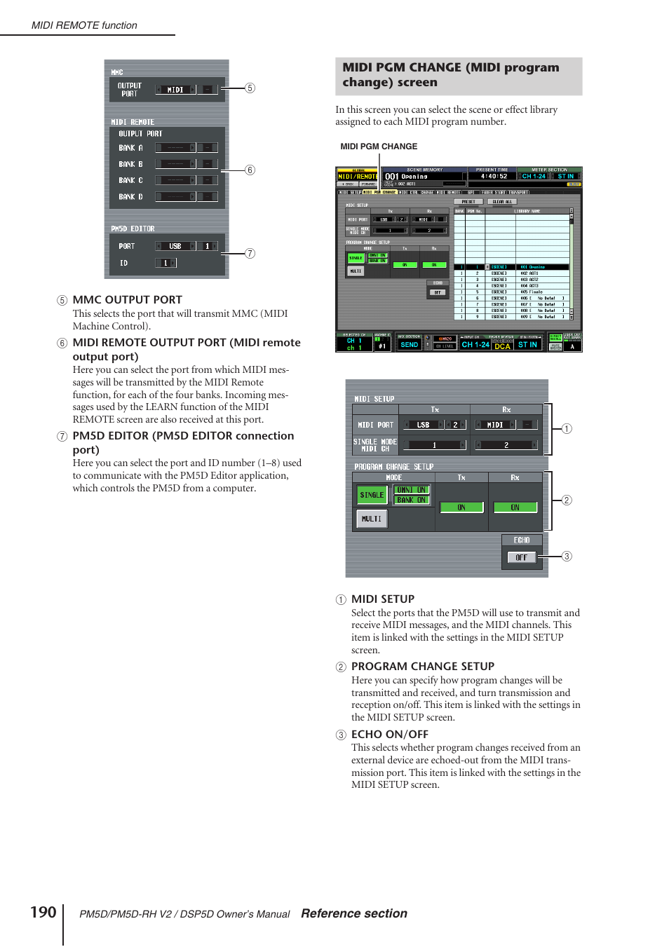 Midi pgm change (midi program change) screen | Yamaha DSP5D User Manual | Page 190 / 409