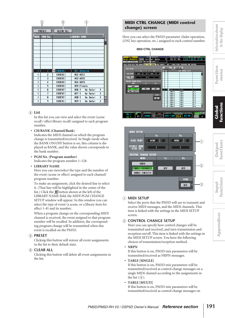 Midi ctrl change (midi control change) screen | Yamaha DSP5D User Manual | Page 191 / 409