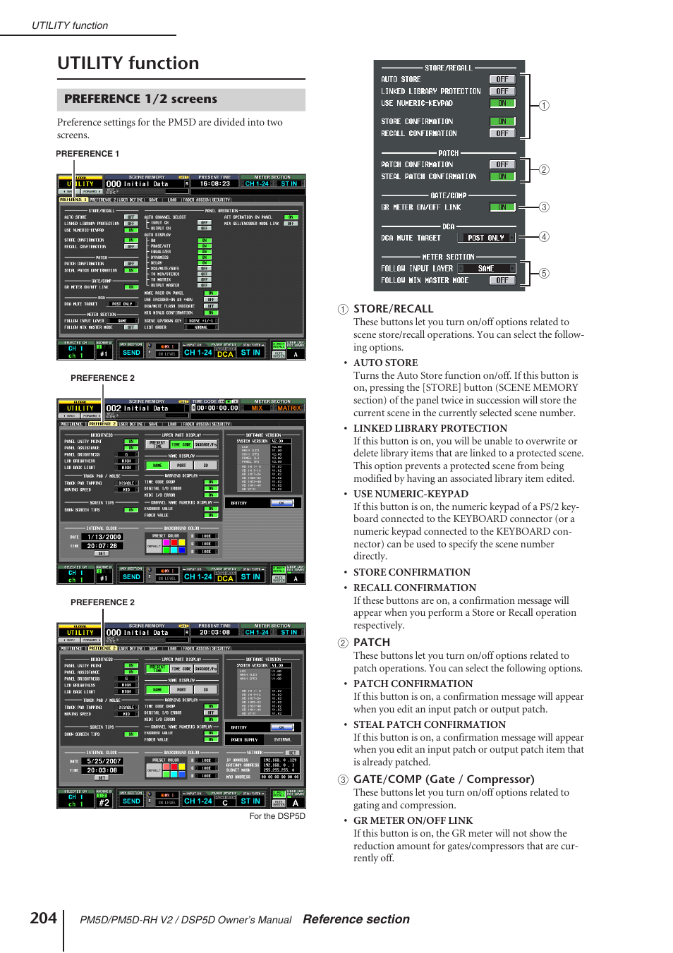 Utility function, Preference 1/2 screens, P.204) | Yamaha DSP5D User Manual | Page 204 / 409