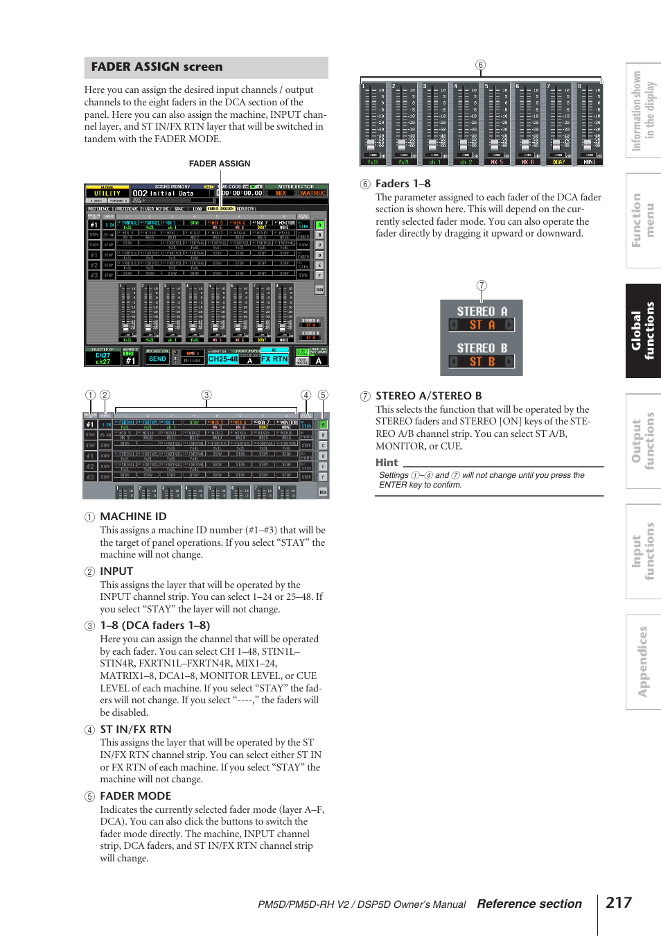 Fader assign screen, P.217) | Yamaha DSP5D User Manual | Page 217 / 409