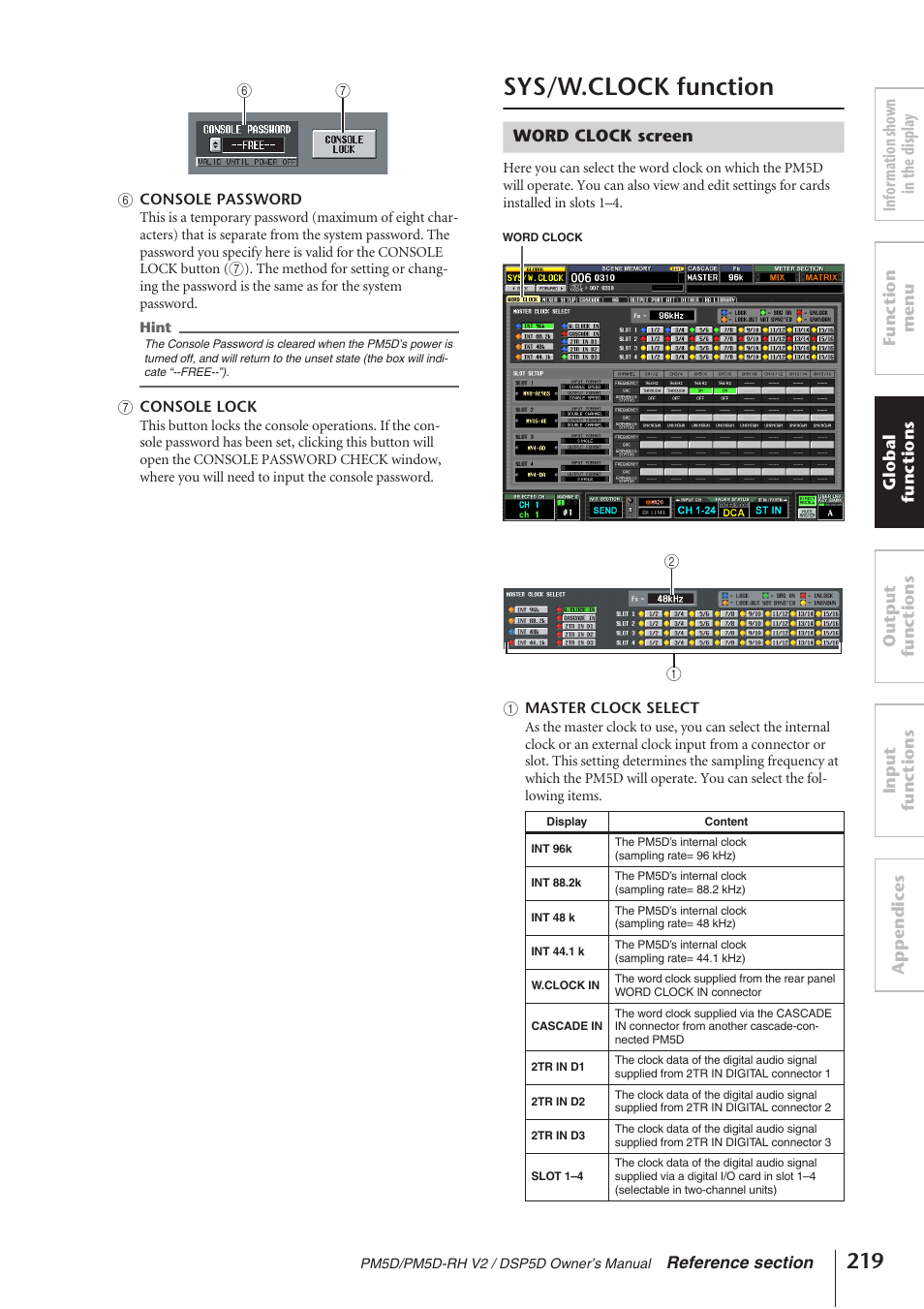 Sys/w.clock function, Word clock screen, P.219) | Yamaha DSP5D User Manual | Page 219 / 409