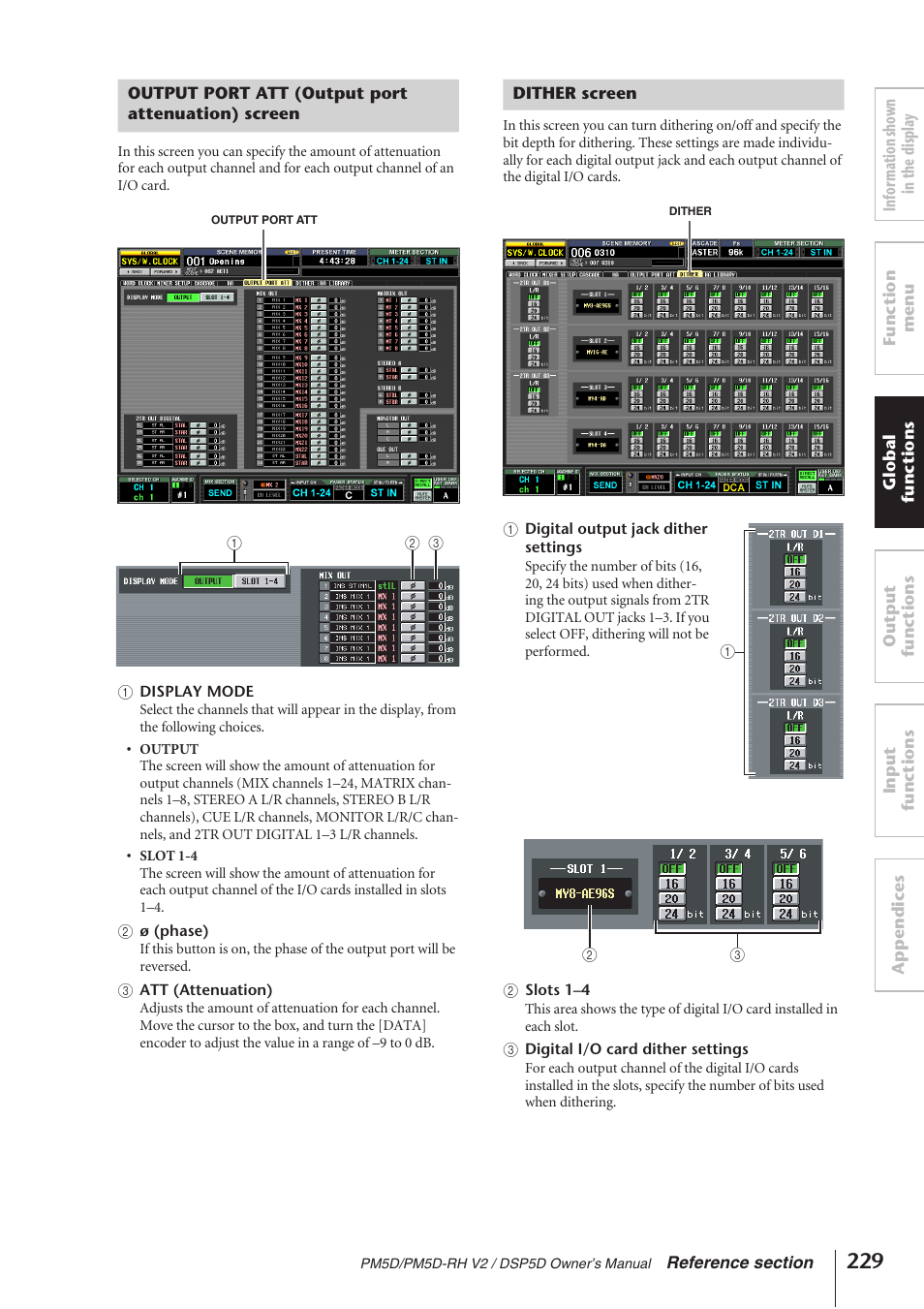 Output port att (output port attenuation) screen, Dither screen | Yamaha DSP5D User Manual | Page 229 / 409