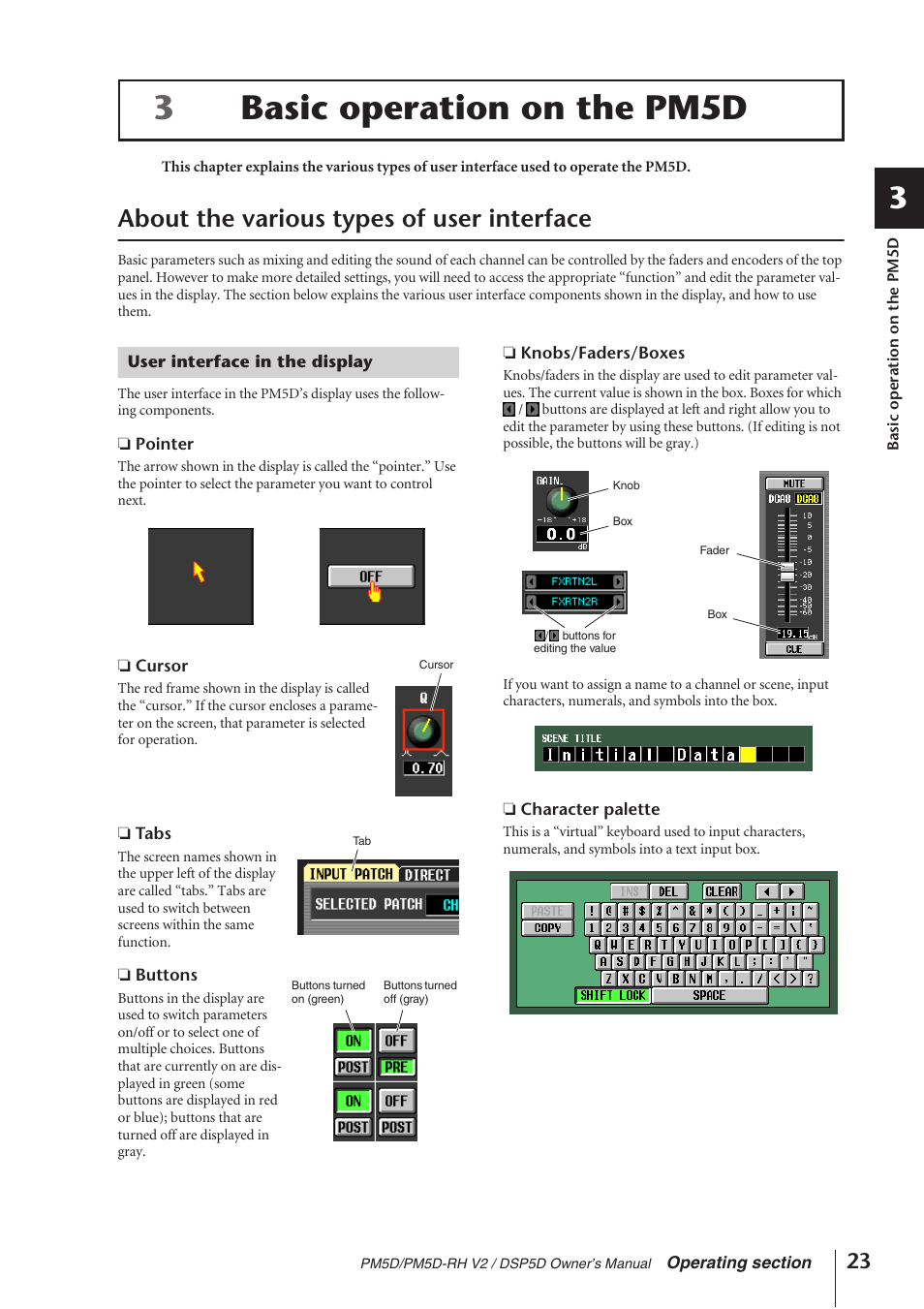 Basic operation on the pm5d, About the various types of user interface, User interface in the display | P.23), 3basic operation on the pm5d | Yamaha DSP5D User Manual | Page 23 / 409