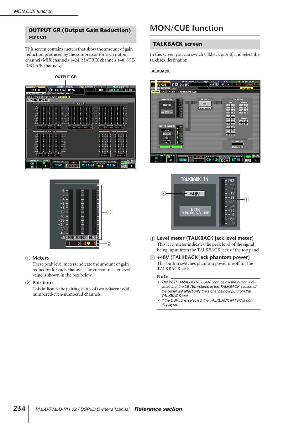 Output gr (output gain reduction) screen, Mon/cue function, Talkback screen | Yamaha DSP5D User Manual | Page 234 / 409