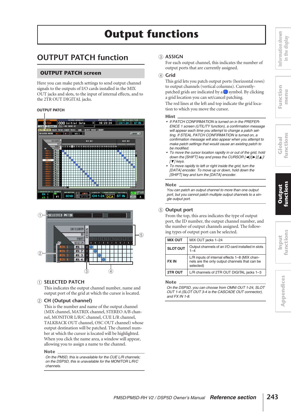 Output functions, Output patch function, Output patch screen | P.243) | Yamaha DSP5D User Manual | Page 243 / 409
