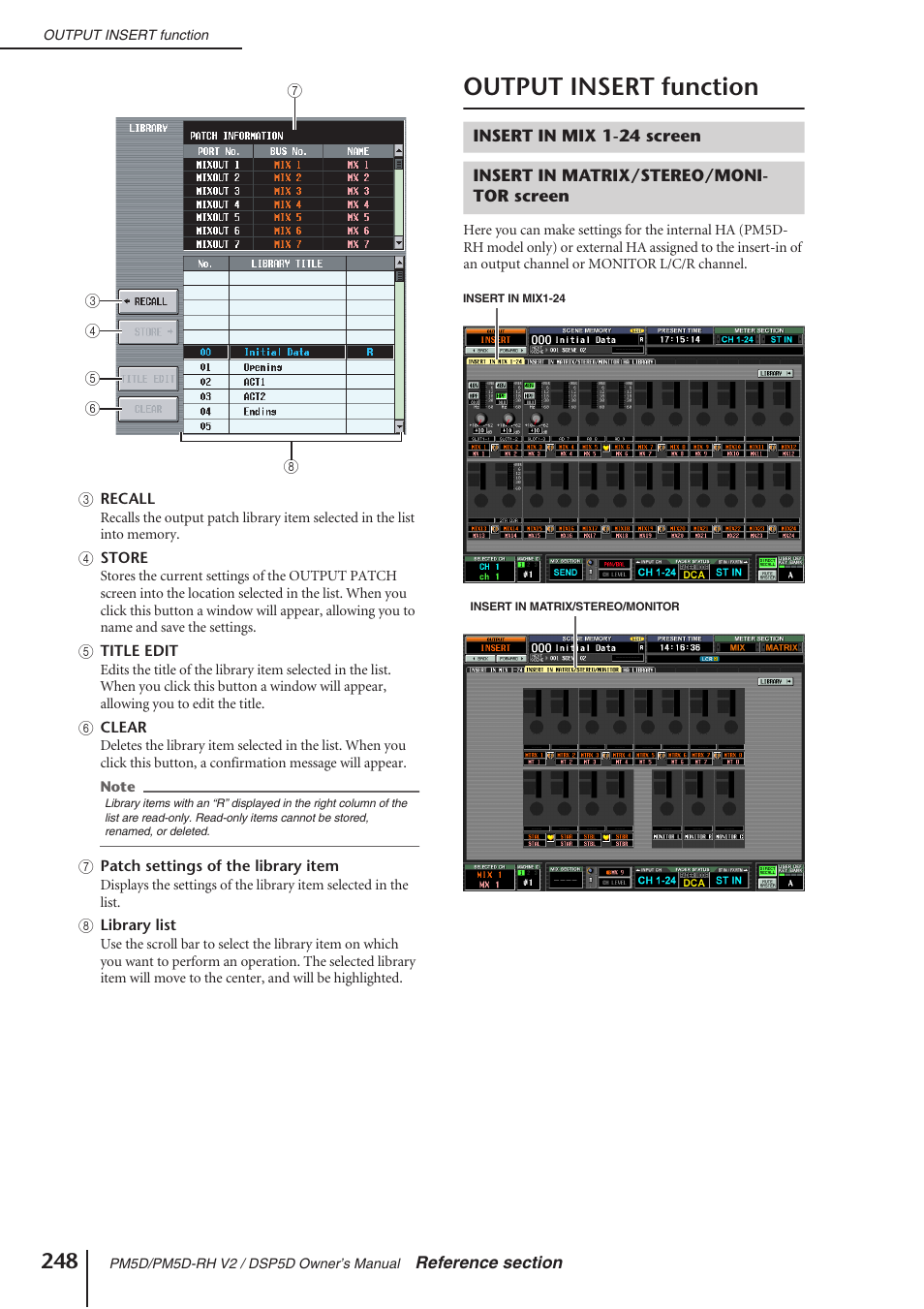 Output insert function, Insert in mix 1-24 screen, Insert in matrix/stereo/monitor screen | Yamaha DSP5D User Manual | Page 248 / 409