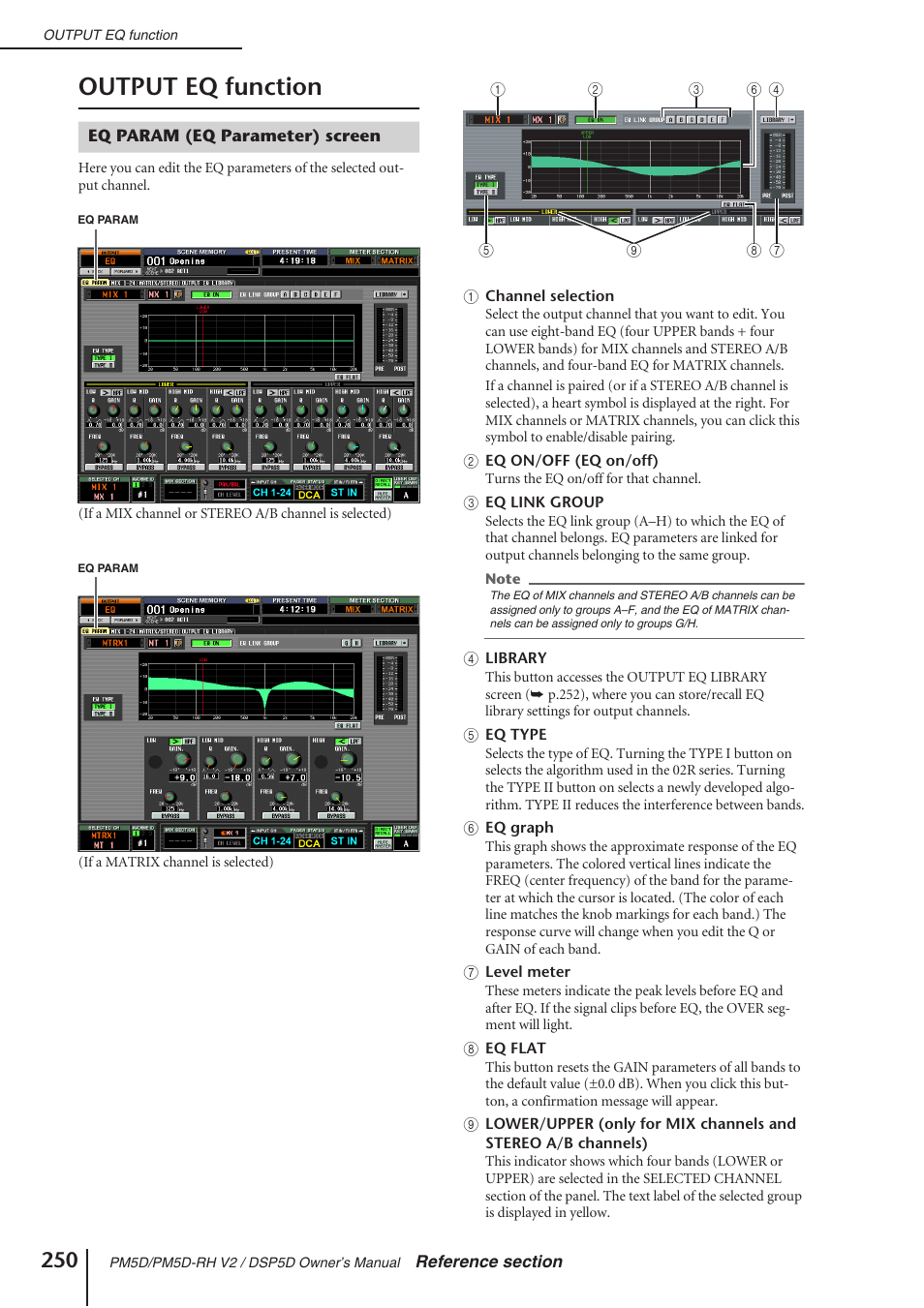 Output eq function, Eq param (eq parameter) screen | Yamaha DSP5D User Manual | Page 250 / 409