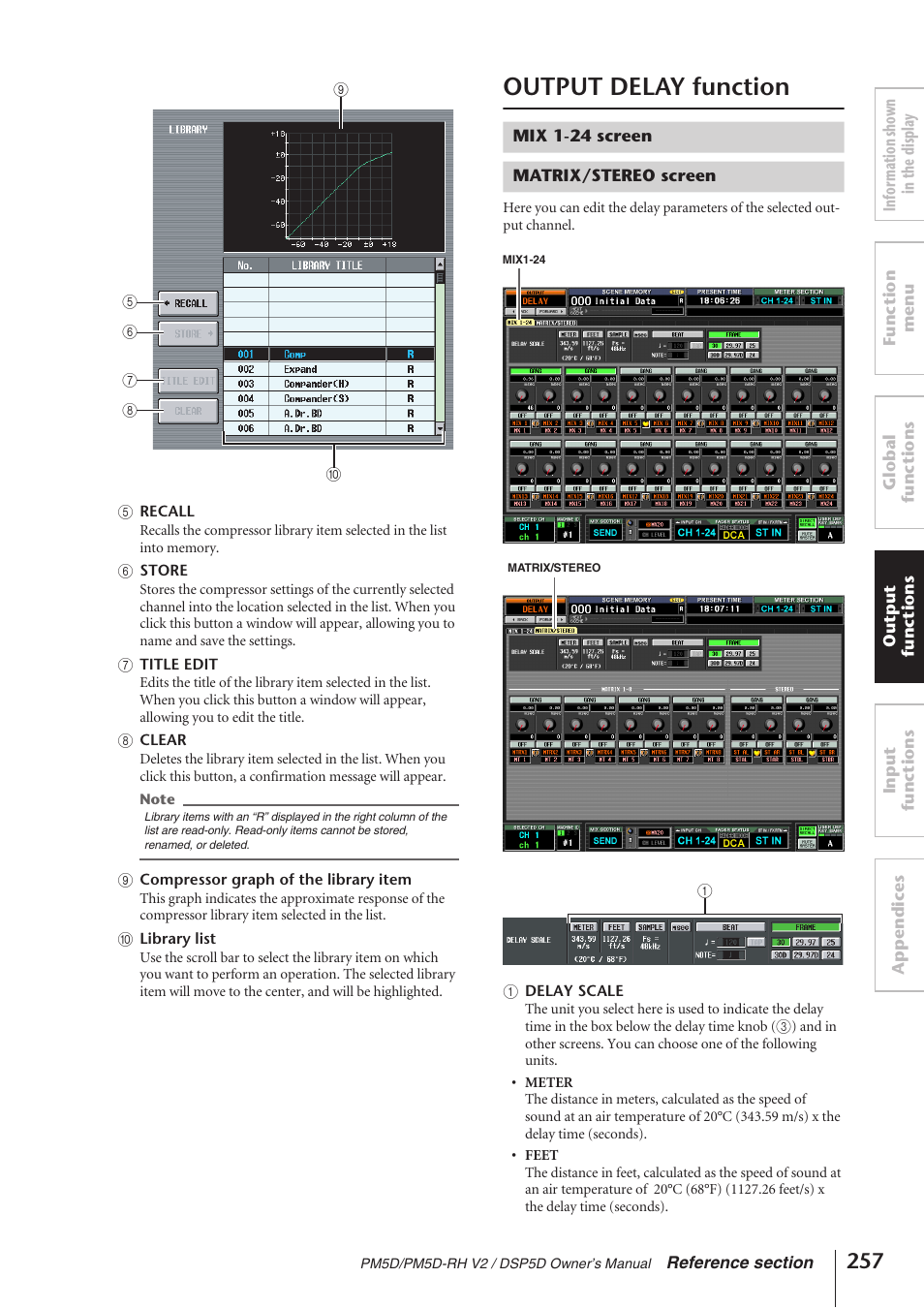 Output delay function, Mix 1-24 screen, Matrix/stereo screen | Mix 1-24 screen matrix/stereo screen | Yamaha DSP5D User Manual | Page 257 / 409