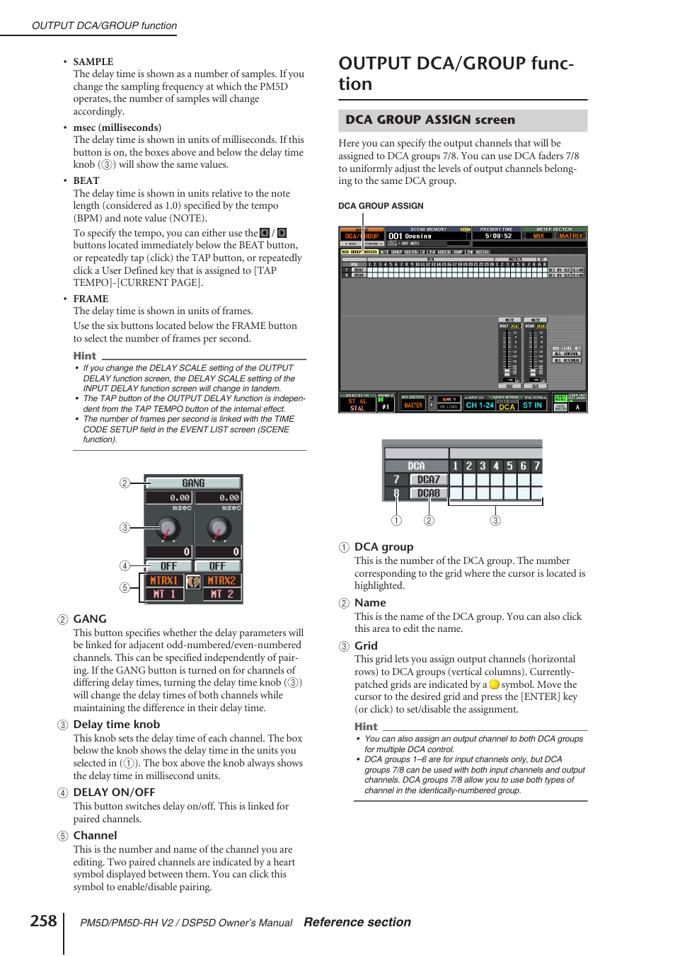 Output dca/group function, Dca group assign screen, Output dca/group func- tion | Yamaha DSP5D User Manual | Page 258 / 409