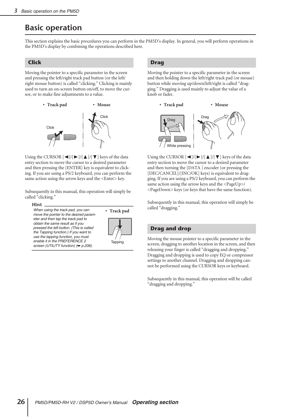 Basic operation, Click, Drag | Drag and drop, Click drag drag and drop | Yamaha DSP5D User Manual | Page 26 / 409