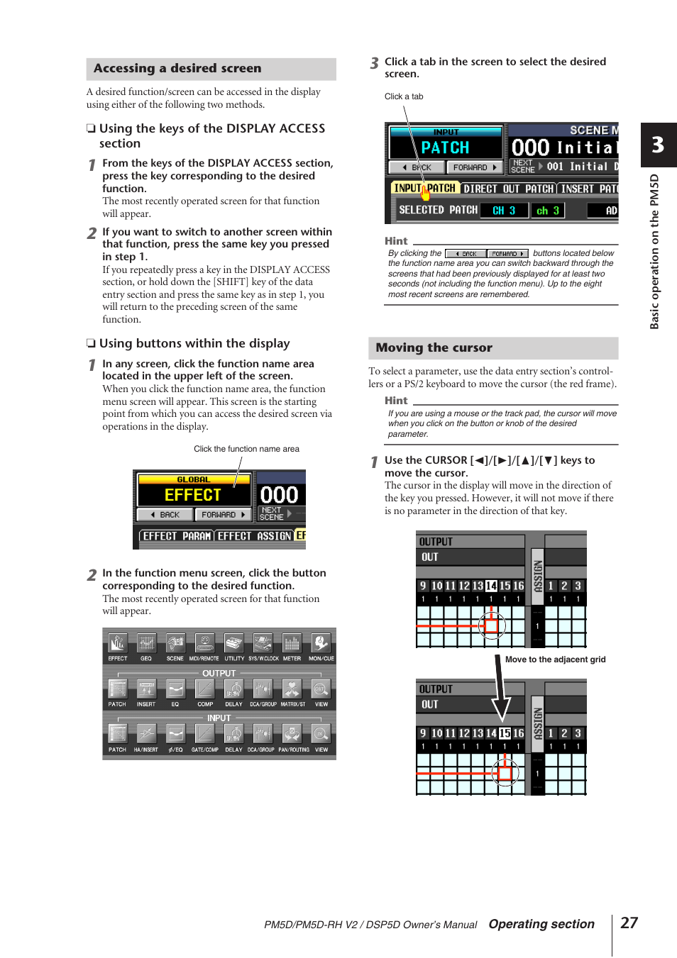 Accessing a desired screen, Moving the cursor, Accessing a desired screen moving the cursor | Yamaha DSP5D User Manual | Page 27 / 409