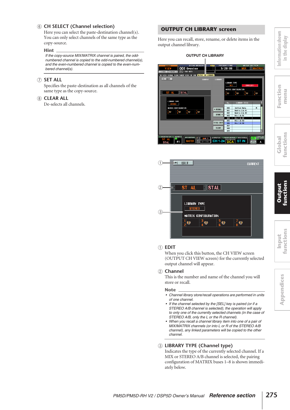 Output ch library screen | Yamaha DSP5D User Manual | Page 275 / 409