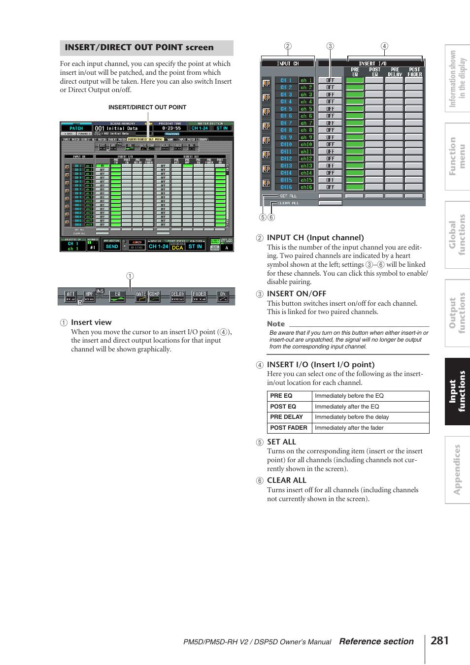 Insert/direct out point screen | Yamaha DSP5D User Manual | Page 281 / 409