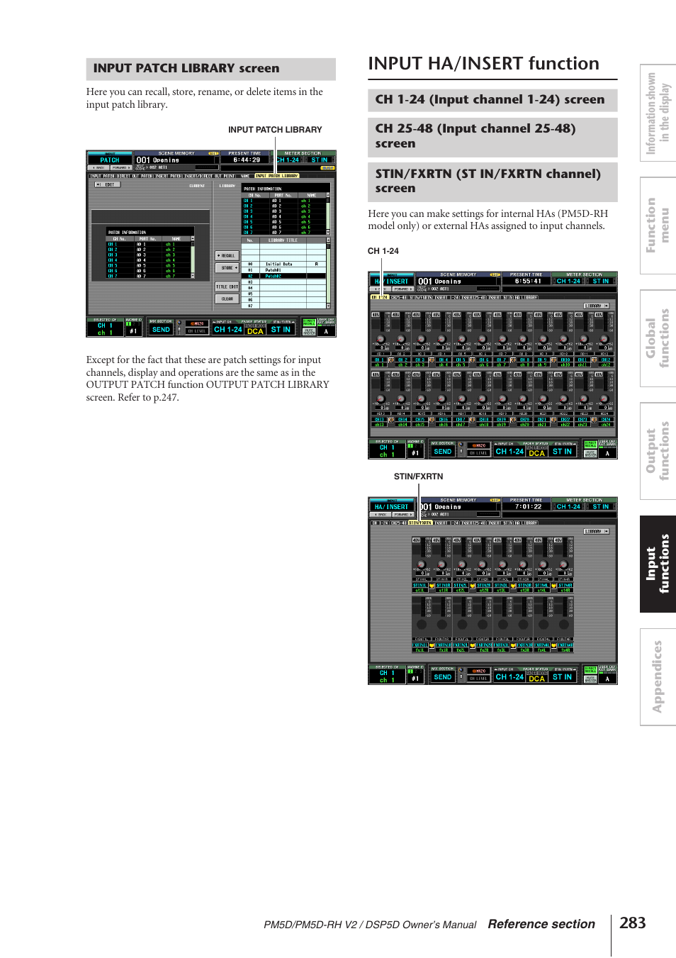 Input patch library screen, Input ha/insert function, Ch 1-24 (input channel 1-24) screen | Ch 25-48 (input channel 25-48) screen, Stin/fxrtn (st in/fxrtn channel) screen | Yamaha DSP5D User Manual | Page 283 / 409