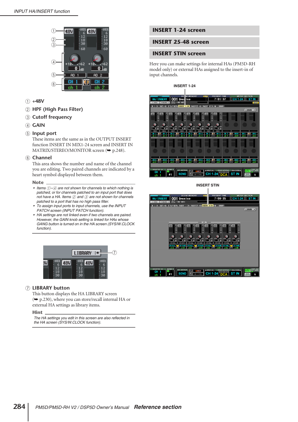 Insert 1-24 screen, Insert 25-48 screen, Insert stin screen | Yamaha DSP5D User Manual | Page 284 / 409