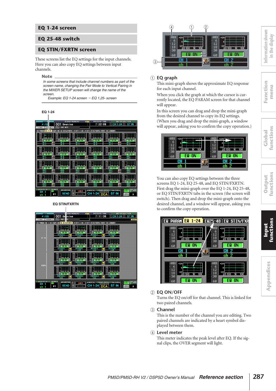 Eq 1-24 screen, Eq 25-48 switch, Eq stin/fxrtn screen | Yamaha DSP5D User Manual | Page 287 / 409