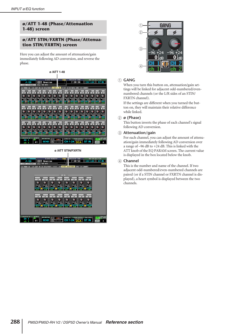 Ø/att 1-48 (phase/attenuation 1-48) screen, Screen | Yamaha DSP5D User Manual | Page 288 / 409