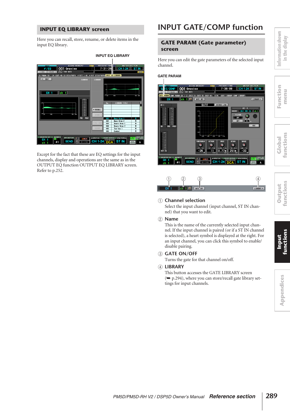 Input eq library screen, Input gate/comp function, Gate param (gate parameter) screen | P.289) | Yamaha DSP5D User Manual | Page 289 / 409