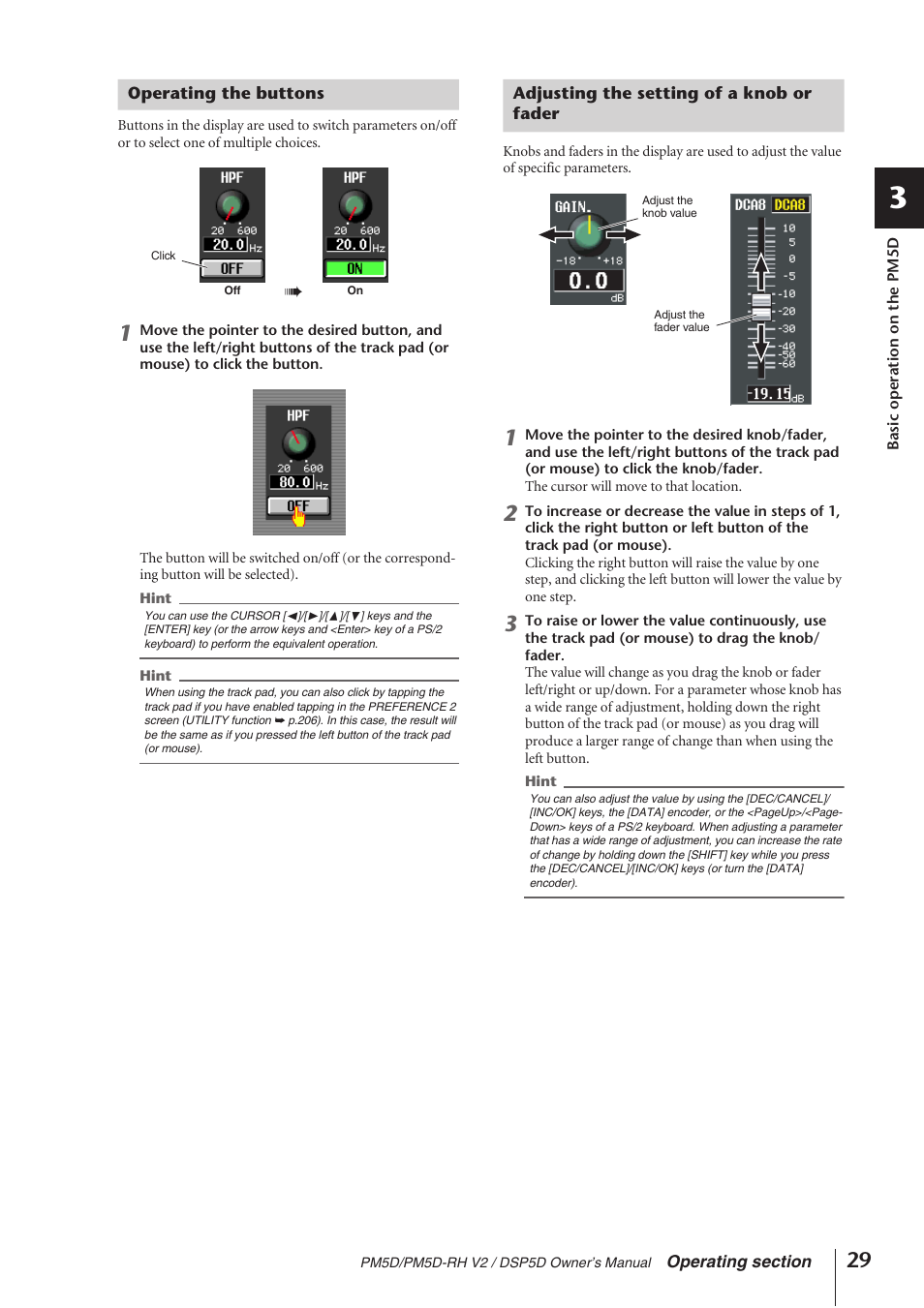 Operating the buttons, Adjusting the setting of a knob or fader | Yamaha DSP5D User Manual | Page 29 / 409