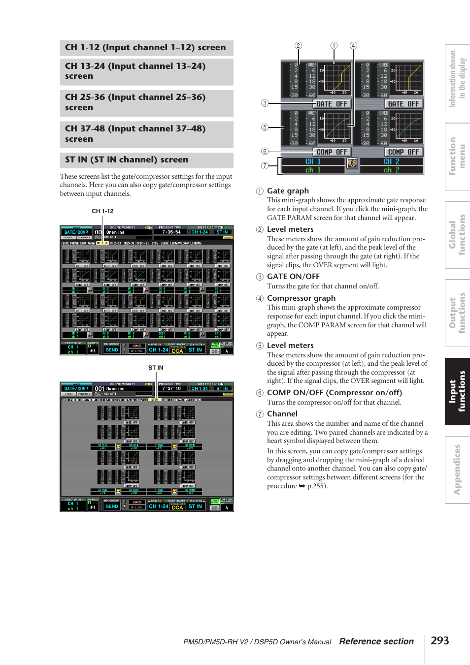 Ch 1-12 (input channel 1-12) screen, Ch 13-24 (input channel 13-24) screen, Ch 25-36 (input channel 25-36) screen | Ch 37-48 (input channel 37-48) screen, St in (st in channel) screen | Yamaha DSP5D User Manual | Page 293 / 409