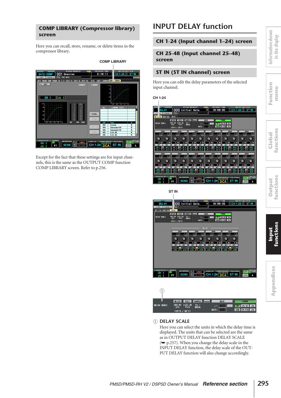 Comp library (compressor library) screen, Input delay function, Ch 1-24 (input channel 1-24) screen | Ch 25-48 (input channel 25-48) screen, St in (st in channel) screen | Yamaha DSP5D User Manual | Page 295 / 409