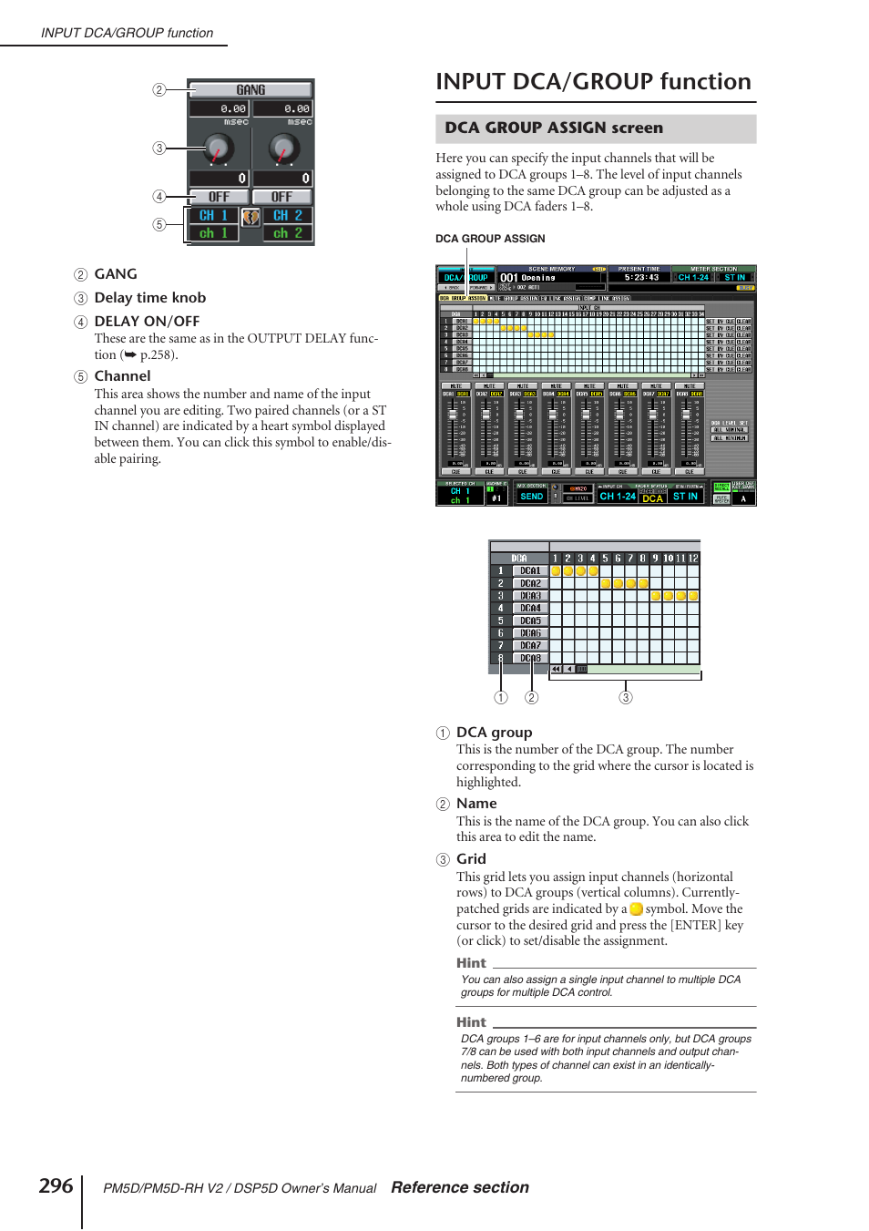 Input dca/group function, Dca group assign screen | Yamaha DSP5D User Manual | Page 296 / 409