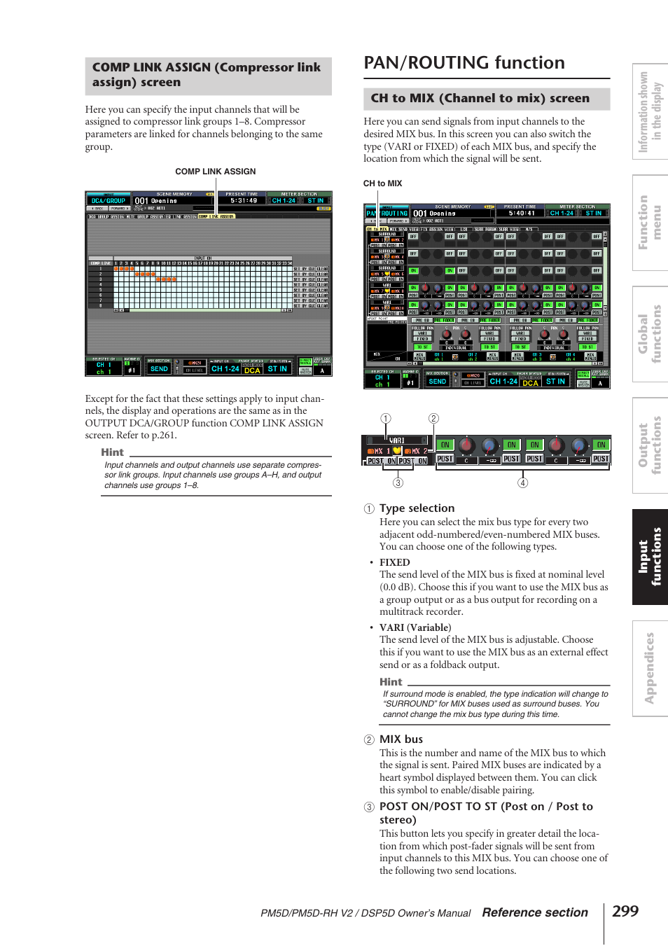 Comp link assign (compressor link assign) screen, Pan/routing function, Ch to mix (channel to mix) screen | Yamaha DSP5D User Manual | Page 299 / 409