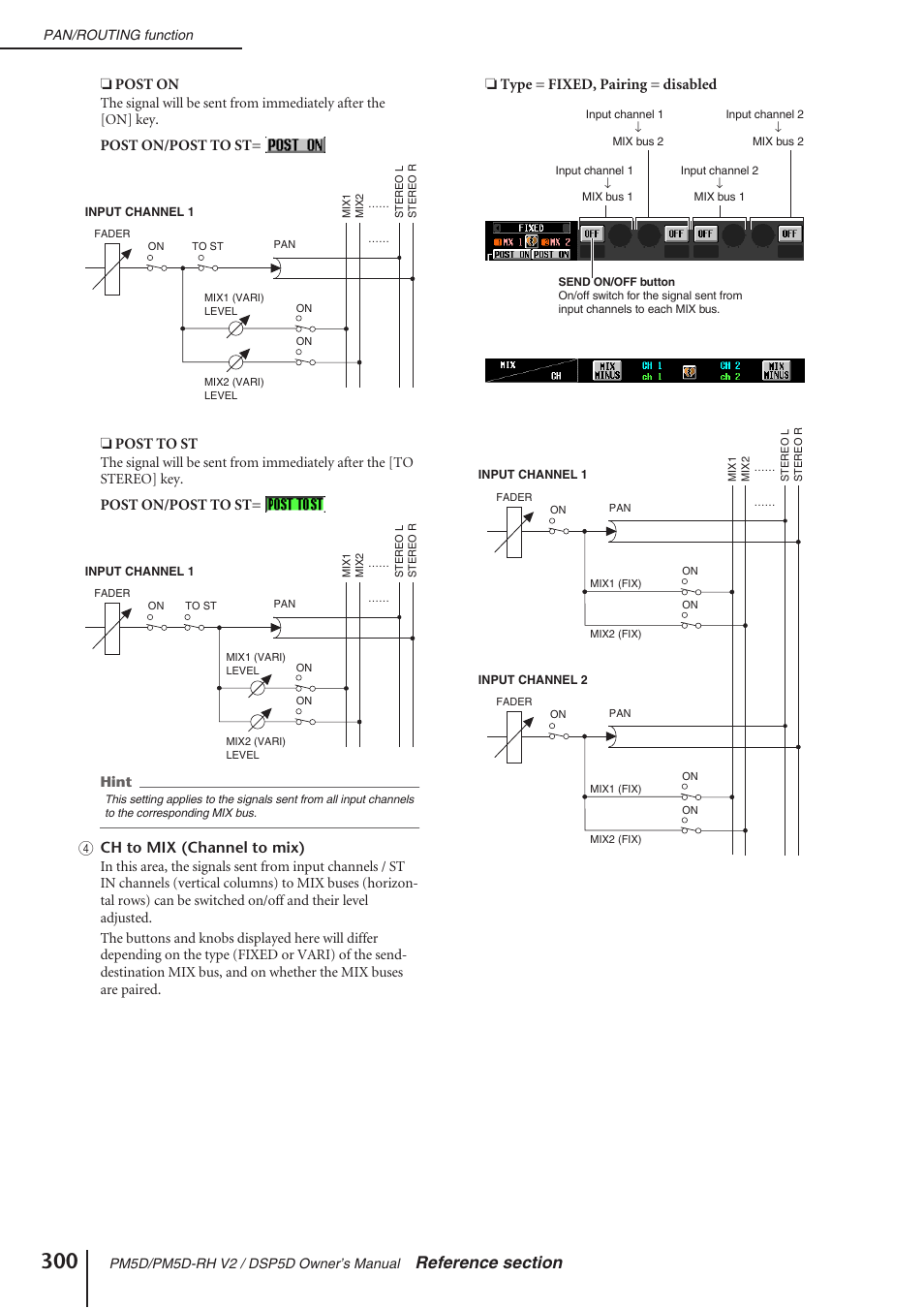 Post on, Post on/post to st= ❏ post to st, Post on/post to st | D ch to mix (channel to mix), Type = fixed, pairing = disabled | Yamaha DSP5D User Manual | Page 300 / 409