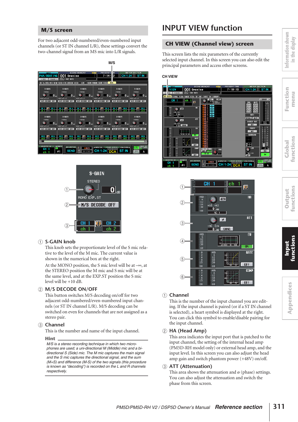 M/s screen, Input view function, Ch view (channel view) screen | Yamaha DSP5D User Manual | Page 311 / 409