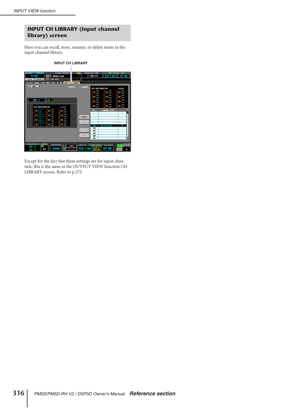 Input ch library (input channel library) screen, P.316), where you can store/recall input channel | Yamaha DSP5D User Manual | Page 316 / 409