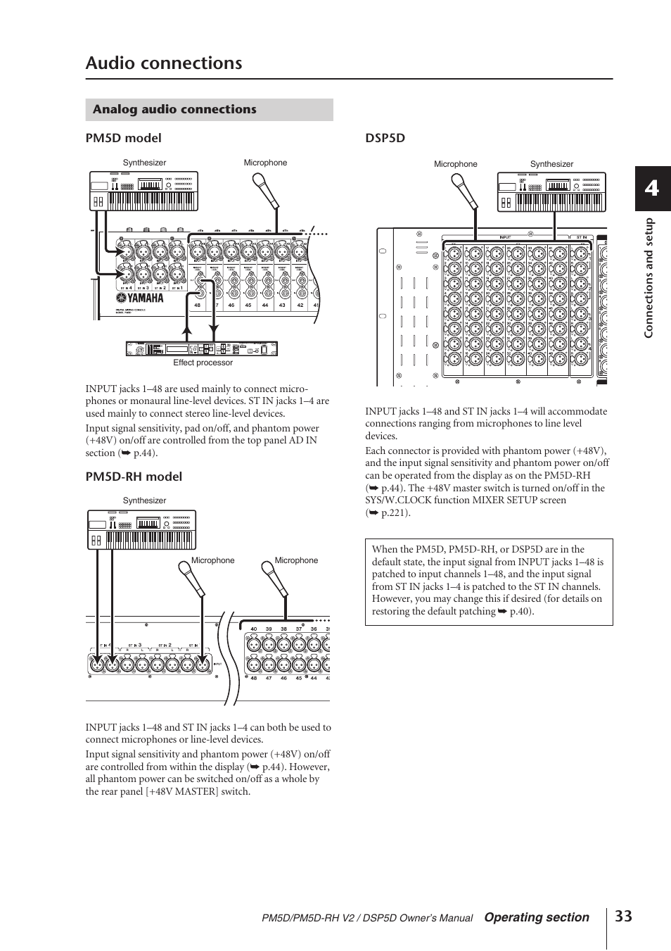 Audio connections, Analog audio connections | Yamaha DSP5D User Manual | Page 33 / 409