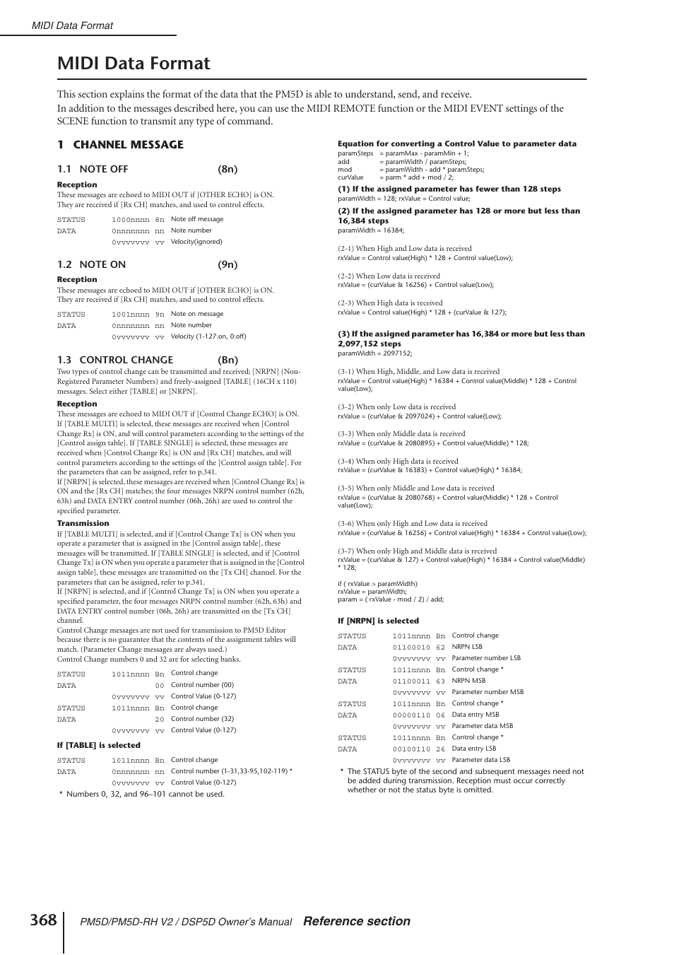 Midi data format, 1 channel message | Yamaha DSP5D User Manual | Page 368 / 409