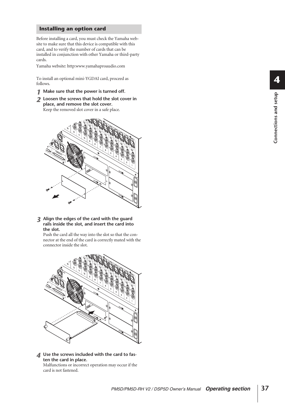 Installing an option card, Connections and setup, Make sure that the power is turned off | Pm5d/pm5d-rh v2 / dsp5d owner’s manual | Yamaha DSP5D User Manual | Page 37 / 409