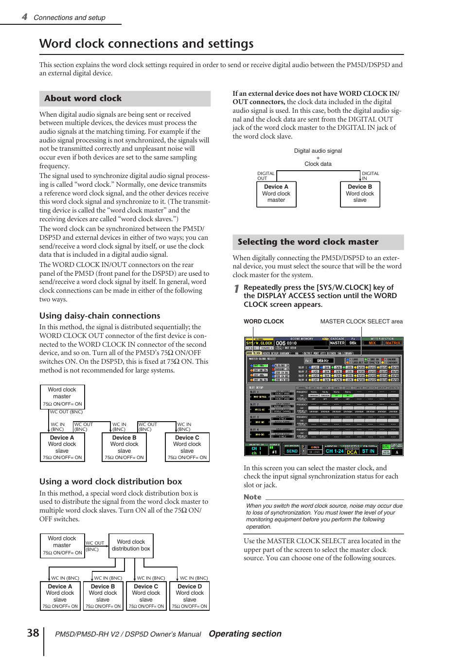 Word clock connections and settings, About word clock, Selecting the word clock master | About word clock selecting the word clock master, P.38), and to the reference section “word, Using daisy-chain connections, Using a word clock distribution box | Yamaha DSP5D User Manual | Page 38 / 409