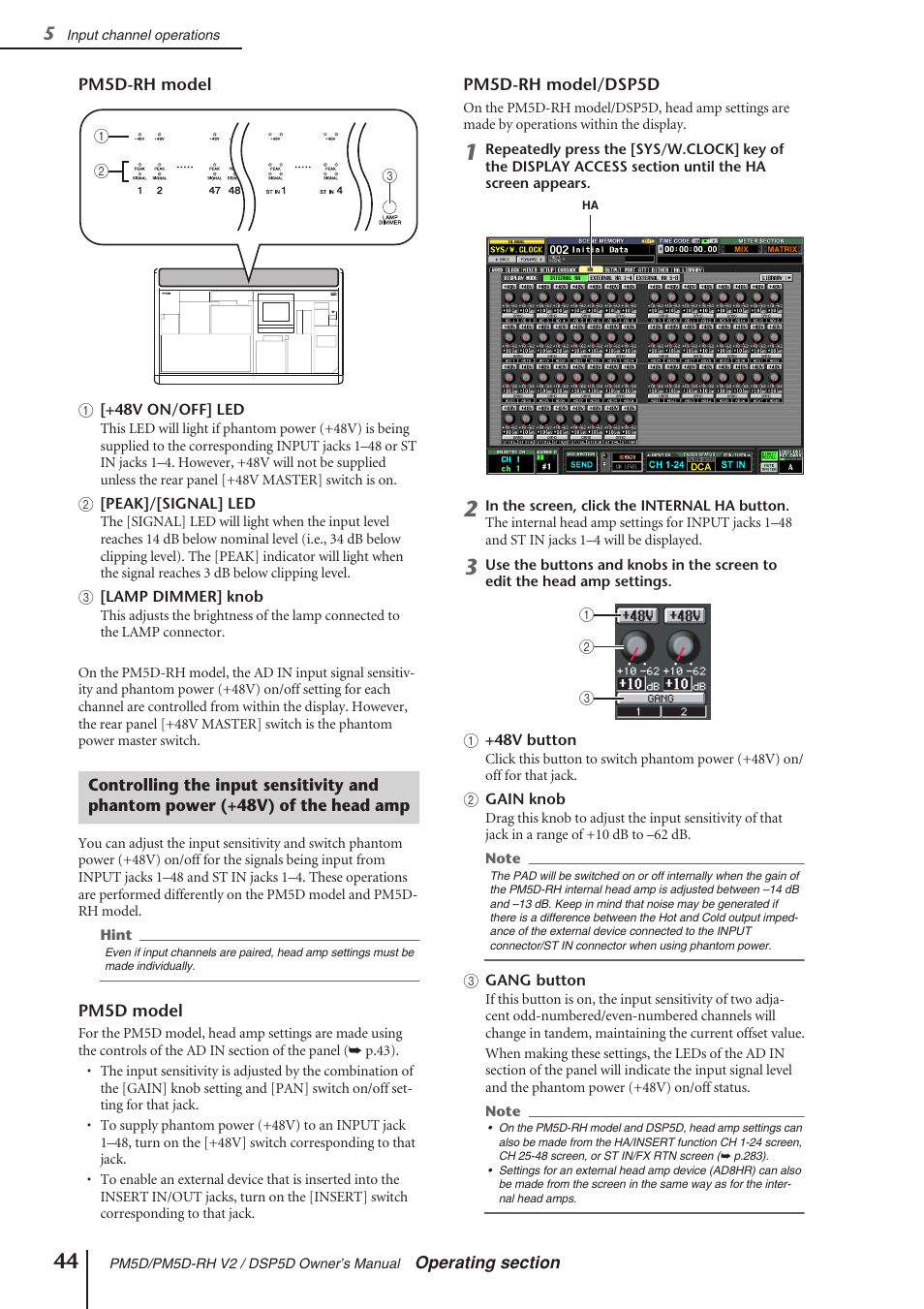 48v) of the head amp, P.44), P.44). however | Yamaha DSP5D User Manual | Page 44 / 409