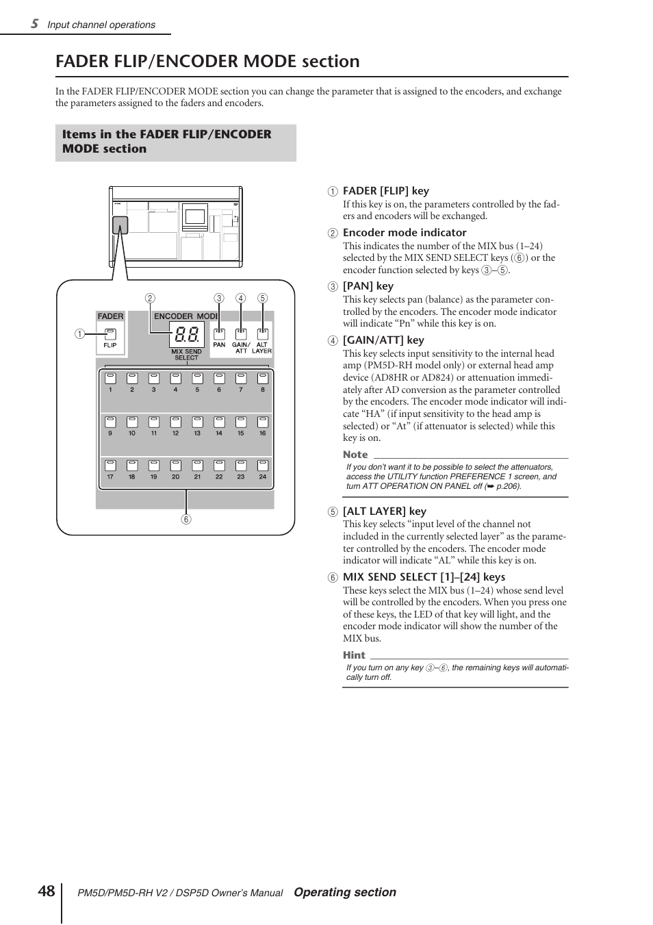 Fader flip/encoder mode section, Items in the fader flip/encoder mode section, P.48) | Yamaha DSP5D User Manual | Page 48 / 409