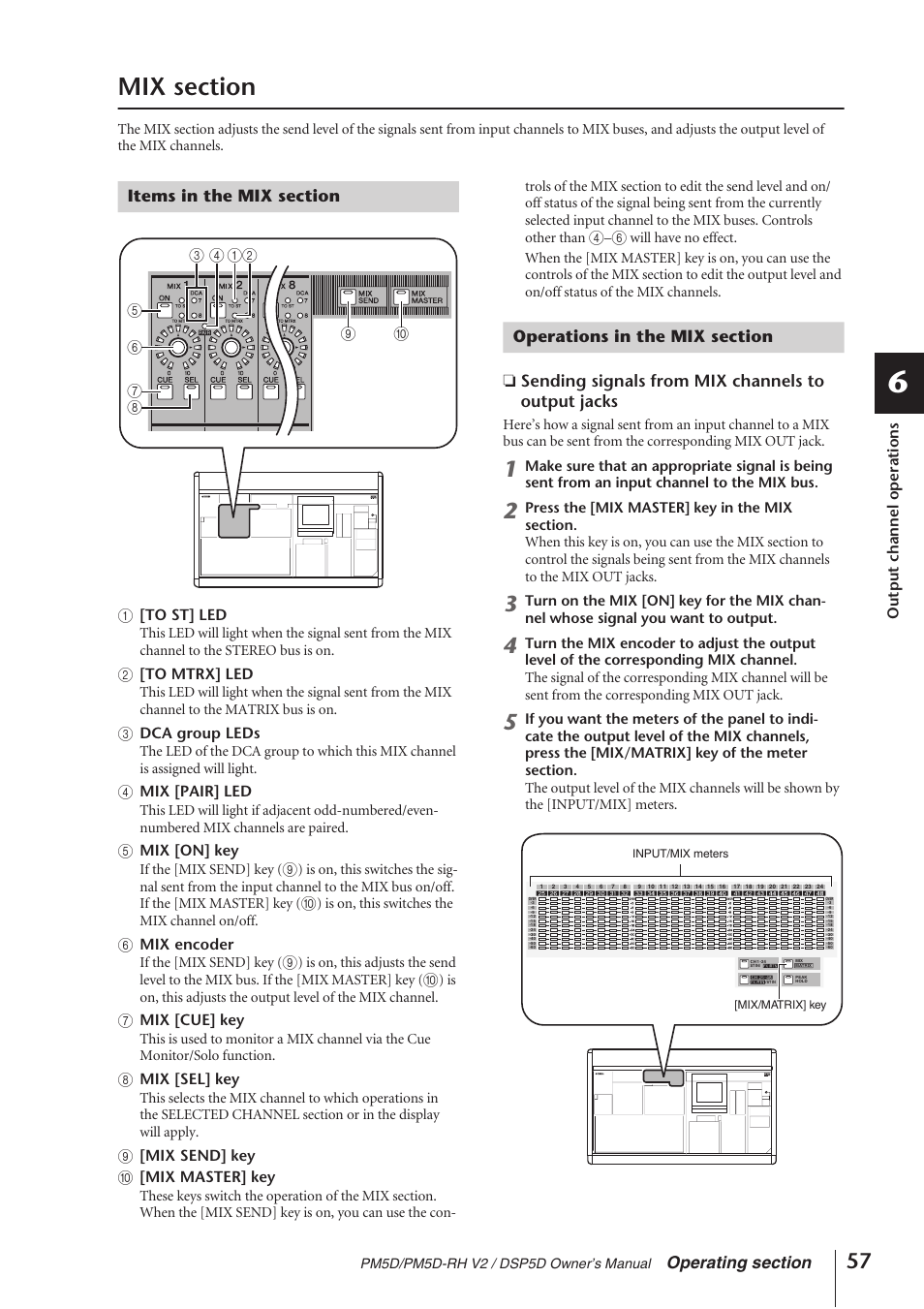 Mix section, Items in the mix section, Operations in the mix section | P.57), Sending signals from mix channels to output jacks | Yamaha DSP5D User Manual | Page 57 / 409