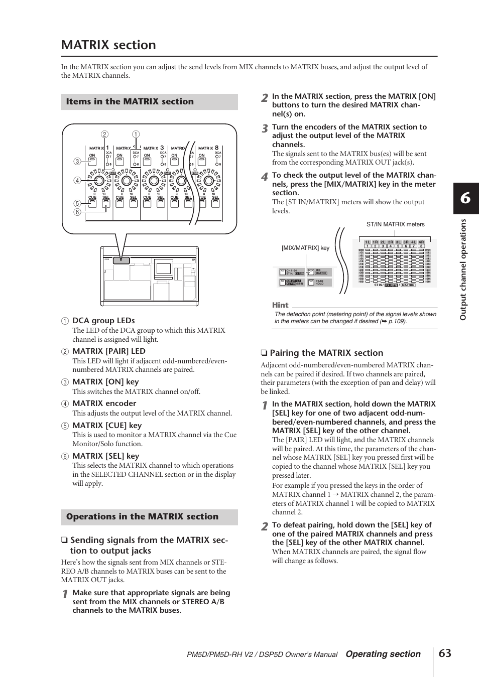 Matrix section, Items in the matrix section, Operations in the matrix section | P.63) | Yamaha DSP5D User Manual | Page 63 / 409
