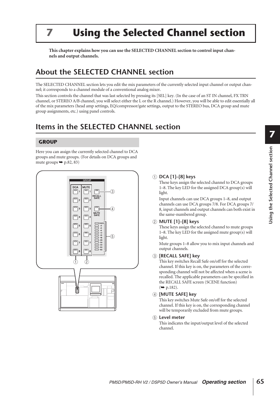 Using the selected channel section, About the selected channel section, Items in the selected channel section | Group, P.65) | Yamaha DSP5D User Manual | Page 65 / 409