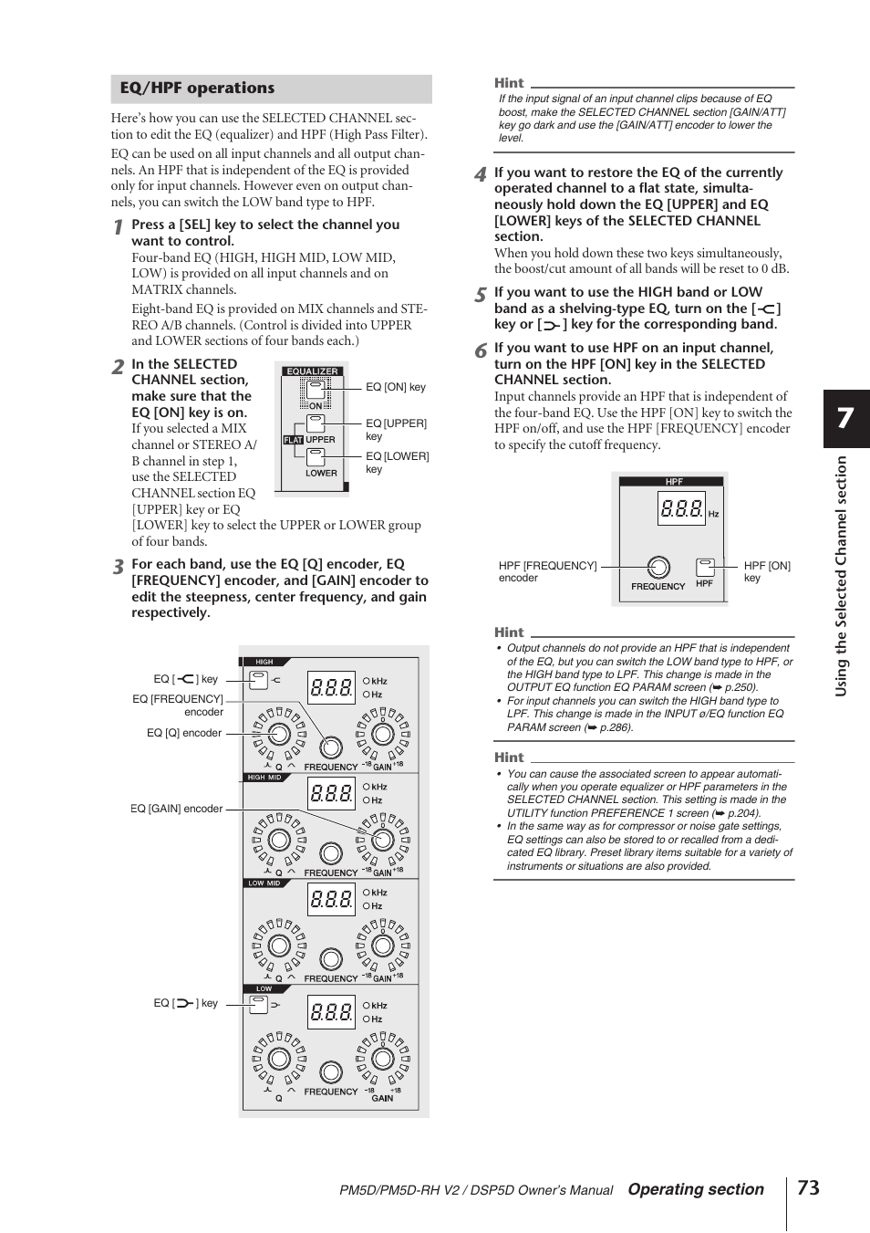 Eq/hpf operations | Yamaha DSP5D User Manual | Page 73 / 409