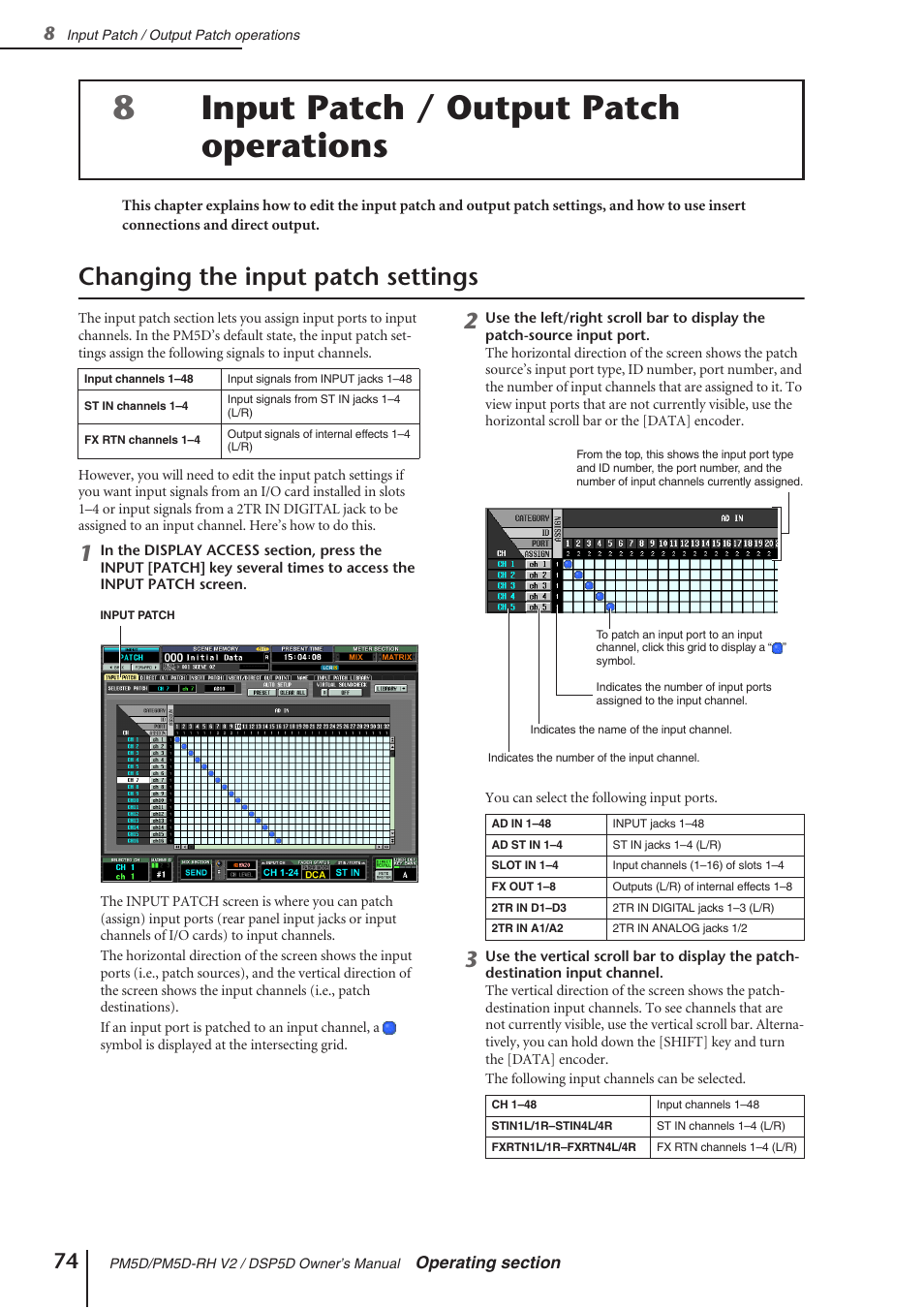 Input patch / output patch operations, Changing the input patch settings, Input patch / output patch operations .74 | 8input patch / output patch operations | Yamaha DSP5D User Manual | Page 74 / 409