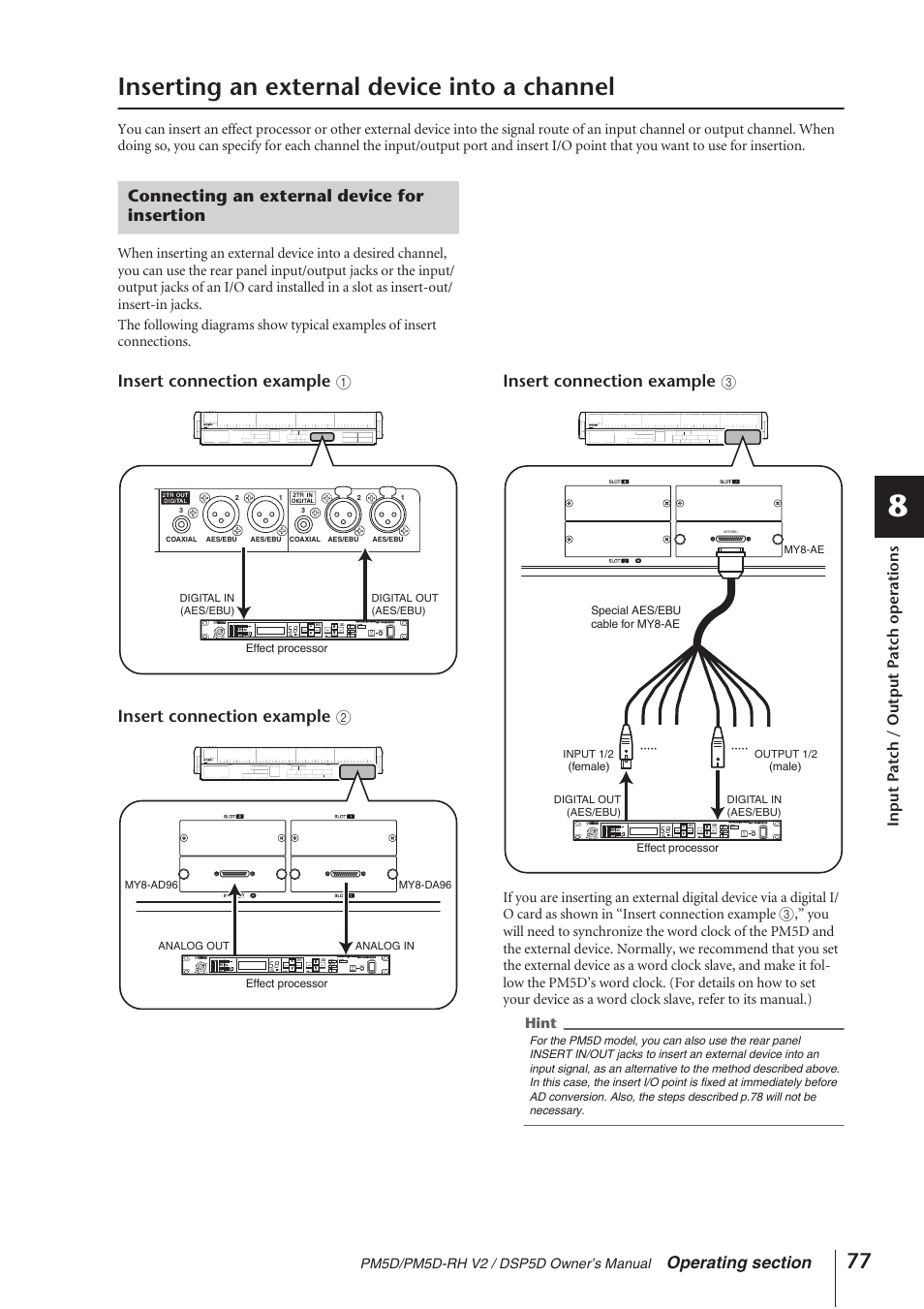 Inserting an external device into a channel, Connecting an external device for insertion, Insert connection example | Input patch / output patch operations | Yamaha DSP5D User Manual | Page 77 / 409